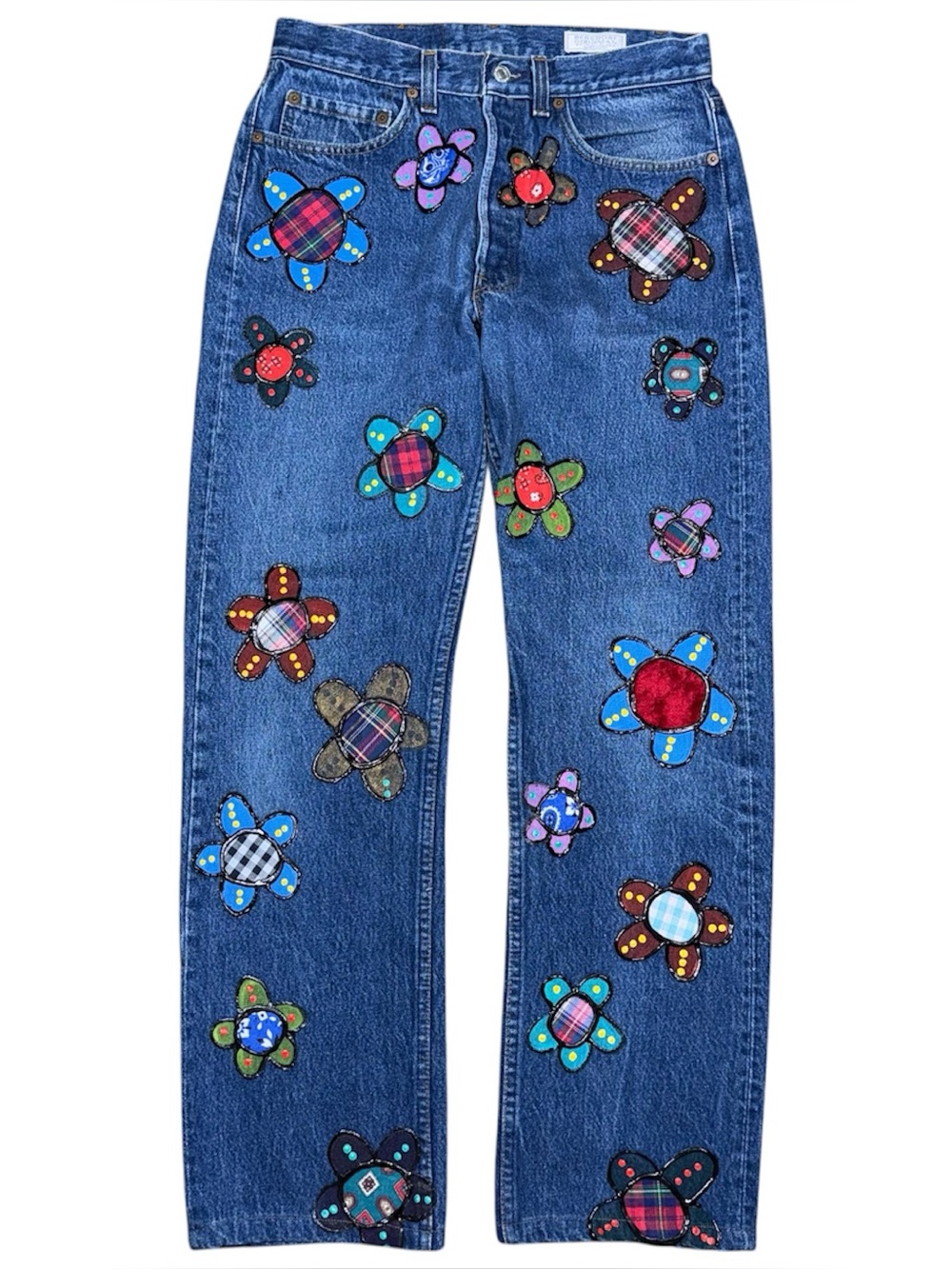 RARE Vintage Leslie Hamel Levis 501 Jeans Handpainted Appliqued Floral Patchwork
